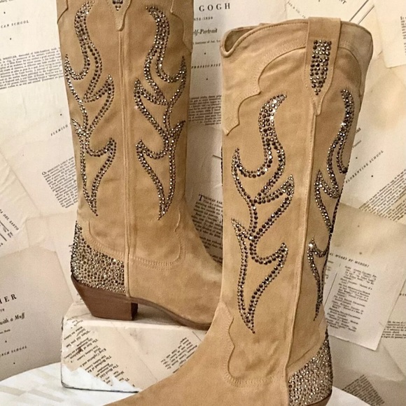 Free People Nashville Nights Cowboy Boot Tan Suede Pewter Rhinestones - Picture 7 of 9